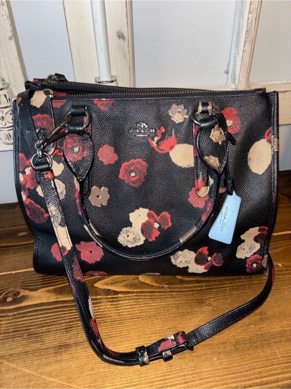 Coach Black Floral Leather Satchel with Red and Cream Accents